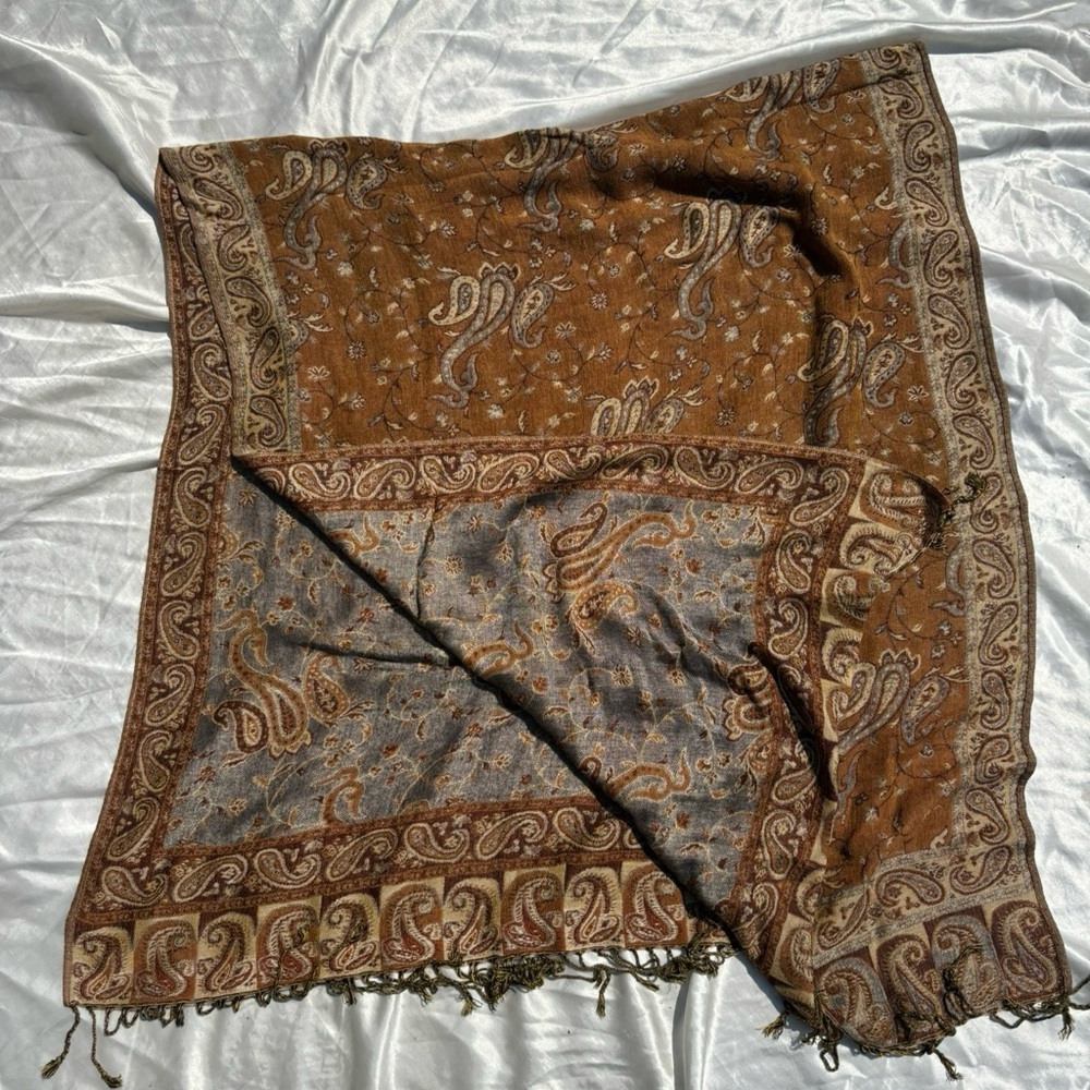 Paisley Patterned Rich Brown and Gray Blue Rectangular Pashmina Fringed Scarf